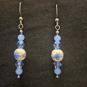 White/blue ceramic and glass crystal dangle earrings